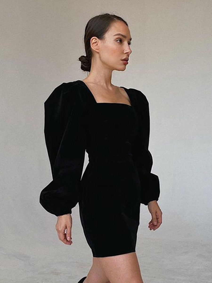 Black Velvet Short Dress Square Neck Puff Sleeve Hip Skirt 1913