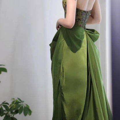 Green Strapless A Line Satin Long Prom Dress Retro Evening Gown 1961