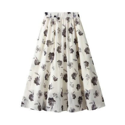 Ink Printing Skirt A-line Skirt High Waist Mid-length Skirt 748