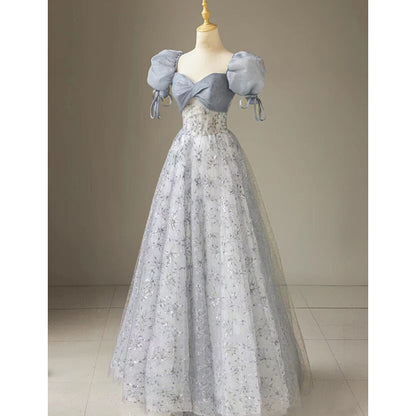 Cute Floral Printed Long Prom Dress  A Line Puff Sleeves Blue Party Gown  516