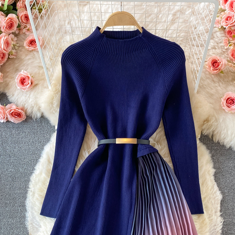 Women's Autumn and Winter Knitted Dress Mid-length Gradient Color Sweater Dress  451
