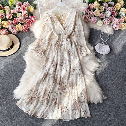 V-neck High Waist Floral Dress Fairy Big Swing Long Skirt 855