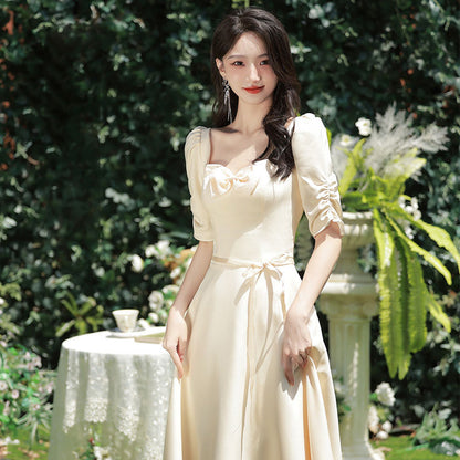 Champagne Satin Bridesmaid Dress Simple Long Evening Dress Formal Party Gown 530