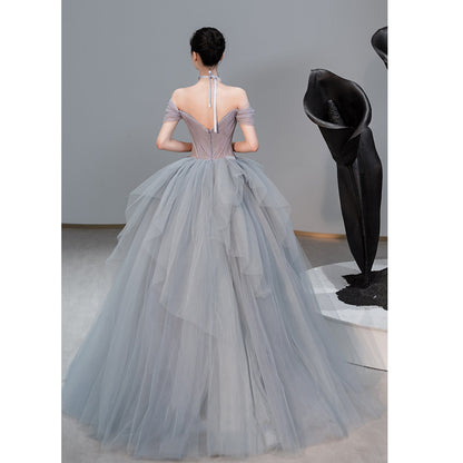 Off Shoulder Fluffy Ball Gown Blue Gray Tulle Formal Dress Evening Gown 706