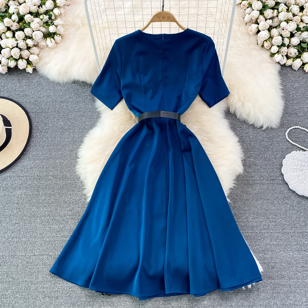 French Sweet Round Neck Color Matching Short-sleeved A-line Dress Elegant Swing Long Skirt 449