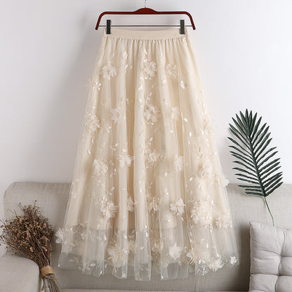 High-waist Mesh Large Swing A-line Skirt 3D Embroidery Flower Mid-length Skirt 733