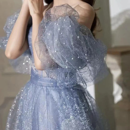 Blue Off Shoulder Tulle Long Prom Dress A Line Formal Evening Party Gown 321