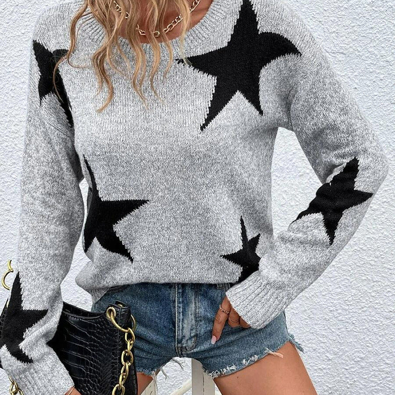 Autumn and Winter Women  Knitted Sweater Round Neck Star Jacquard Pullover Sweater 1641