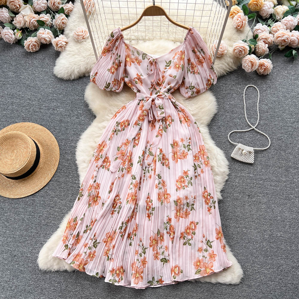 French Puff Sleeve Floral Dress Women's Summer Chiffon Long Dress 277