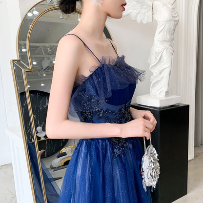 Spaghetti Strap A Line Tulle Prom Dress Dark Blue Formal Party Gown 579