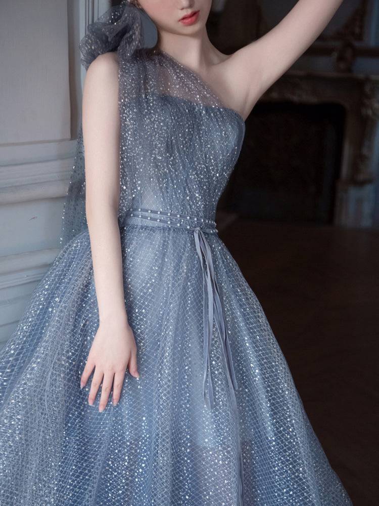 One Shoulder Shiny Sequins Evening Dress Long Formal  Prom Dress 494