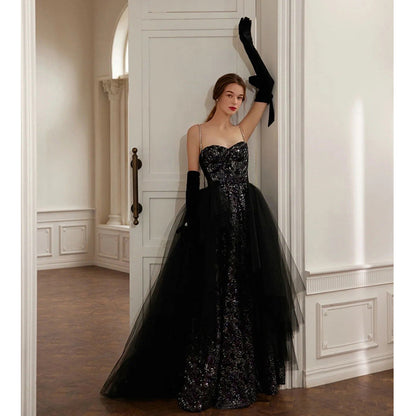 Black Sparkly Long Prom Dress Spaghetti Strap Sequins Evening Dress 181