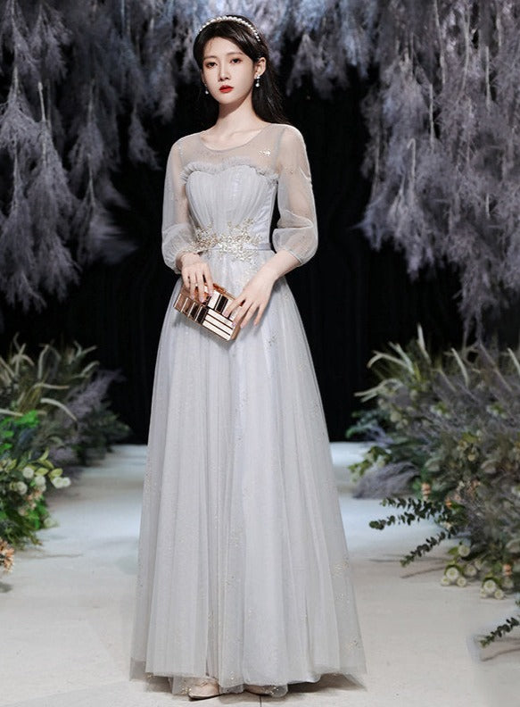 Gray A Line Long Prom Dress Shiny Formal Party Gown Bridesmaid Dress 558
