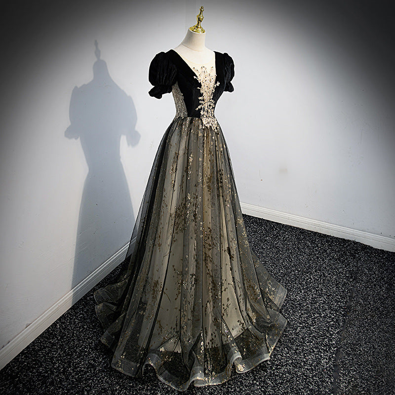 Black A Line Long Prom Dress Sequins Velvet Tulle Evening Formal Gown 645