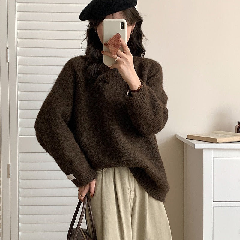 Furry Loose Pullover Sweater Round Neck Autumn Long Sleeve Soft Knitted Top 1949