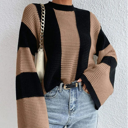 Spring and Autumn Knitted Sweater Top Round Neck Striped Sweater Jacket 1634