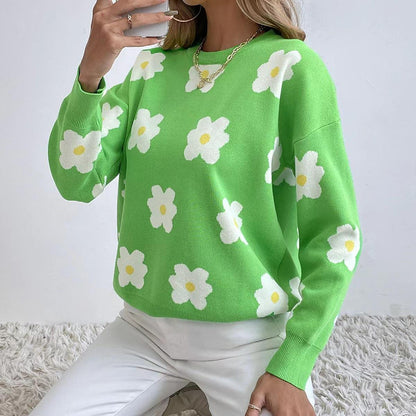 Sweet Casual Knitted Sweater Women Round Neck Green Loose Sweater 1640