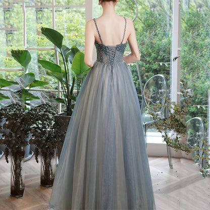 Beaded Blue Tulle Prom Dress Spaghetti Strap Evening Party Dress 620