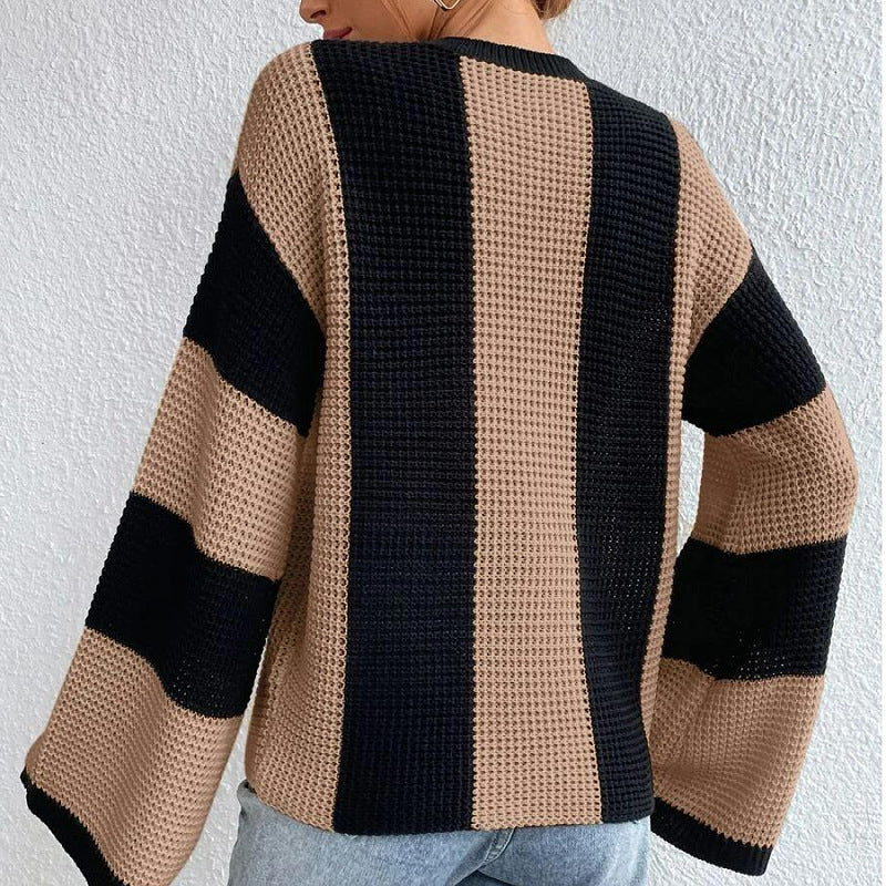 Spring and Autumn Knitted Sweater Top Round Neck Striped Sweater Jacket 1634