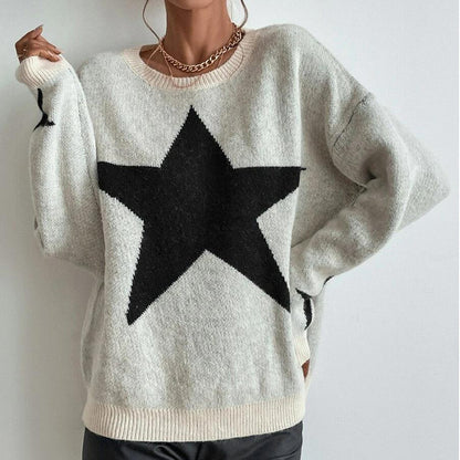 Spring and Autumn New Sweater Women Pullover Round Neck Star Sweater Knitted Sweater 1635