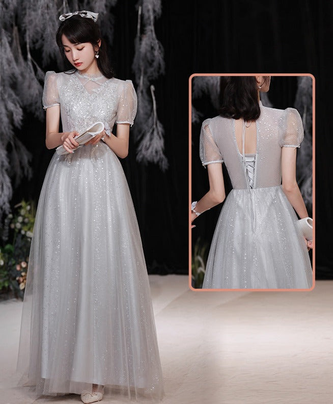 Gray A Line Long Prom Dress Shiny Formal Party Gown Bridesmaid Dress 557