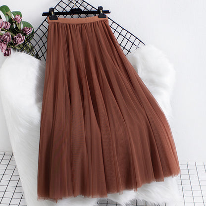 Mesh Skirt High Waist Mid-length Skirt Big Swing A-line Long Skirt Women 732