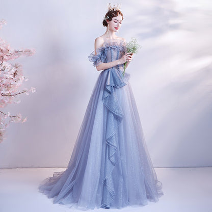 Blue Off  Shoulder Long Prom Dress Tulle Evening Formal Party Dress 150
