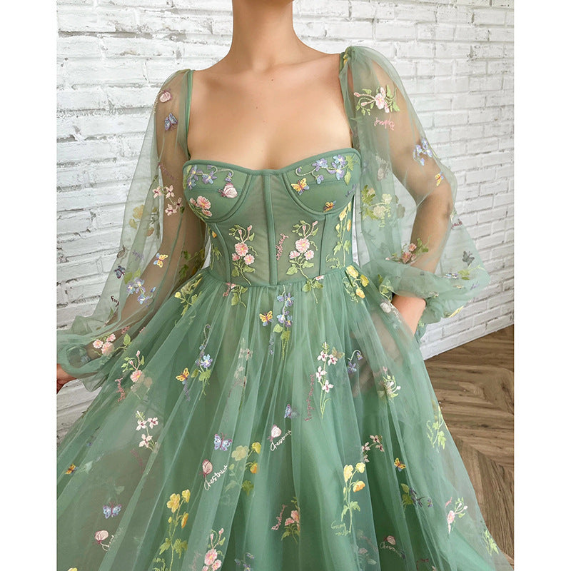 Green Long Sleeves Embroidery Flowers Tulle Prom Dress Homecoming Dress  1645