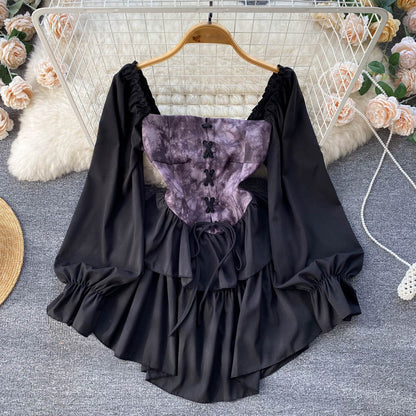 2023 New Square Collar Retro One-shoulder Ruffled Mid-length Fluffy Dress 233