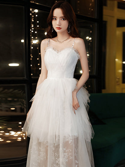 Spaghetti Strap White Tulle Prom Dress Lace layer Wedding Dress 319