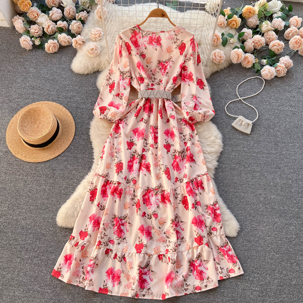 New Puff Sleeve Printed Dress Floral Fairy Long Skirt 289