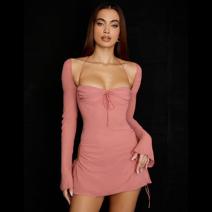 Long Sleeve High Waist Square Neck Short Skirt Pink Sexy Dress 829