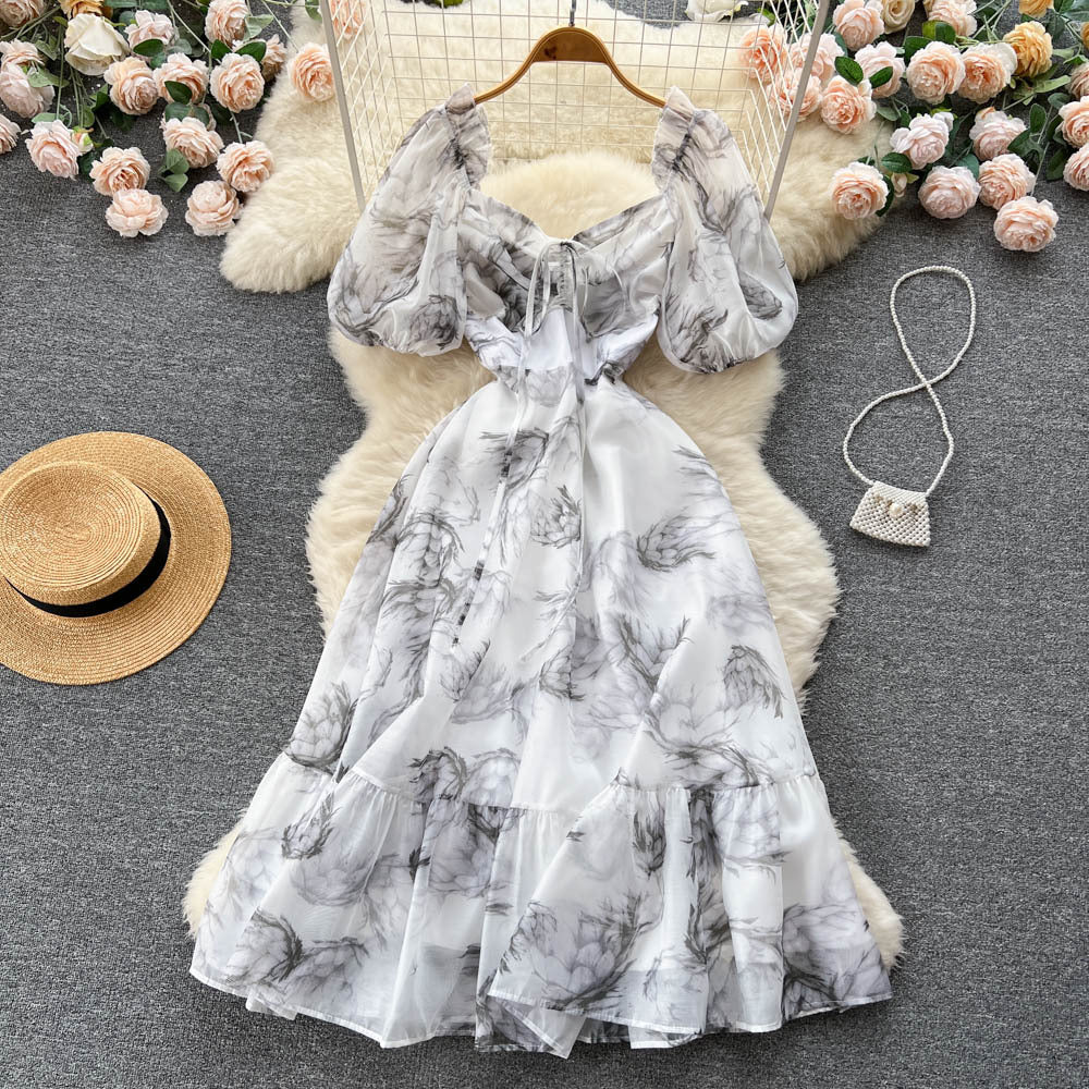 Summer New French Ink Printing Square Collar Big Swing Fairy Dress  469