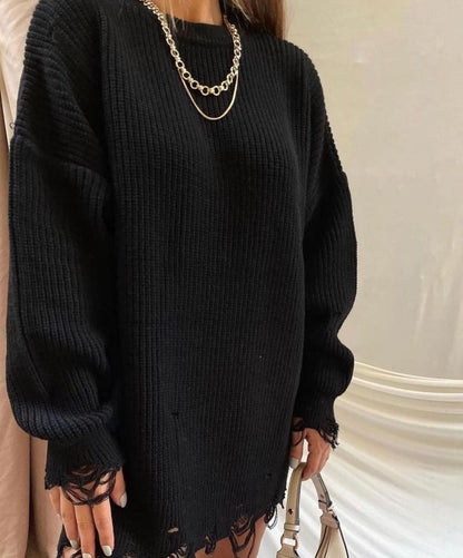 Knitted Round Neck Loose Ripped Mid-length Long-sleeved Sweater 1892
