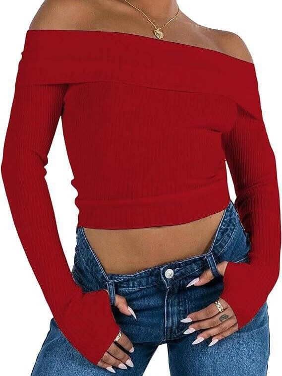 Women's Off-shoulder Exposed Color Slim Short Sweater Long-sleeved Sweater 1902