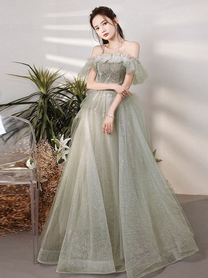 Beaded Green Tulle Long Prom Dress Off  Shoulder Long Evening Dress 154