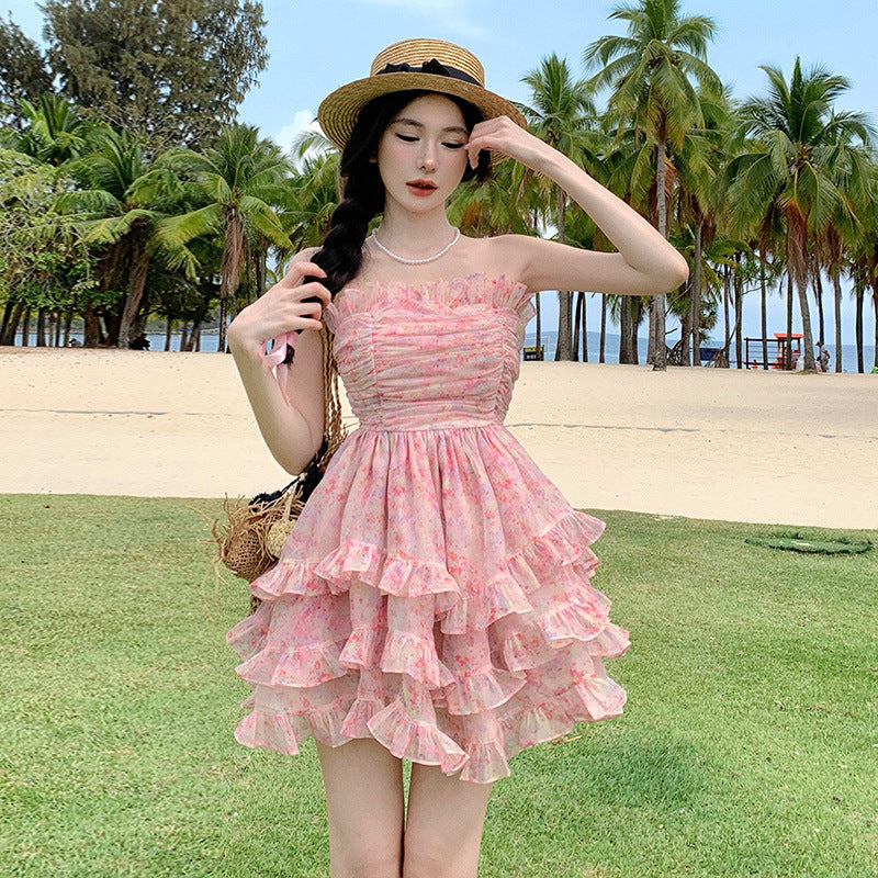 Sweet Strapless Chiffon Dress Fairy Floral Cake Skirt Women Summer 790