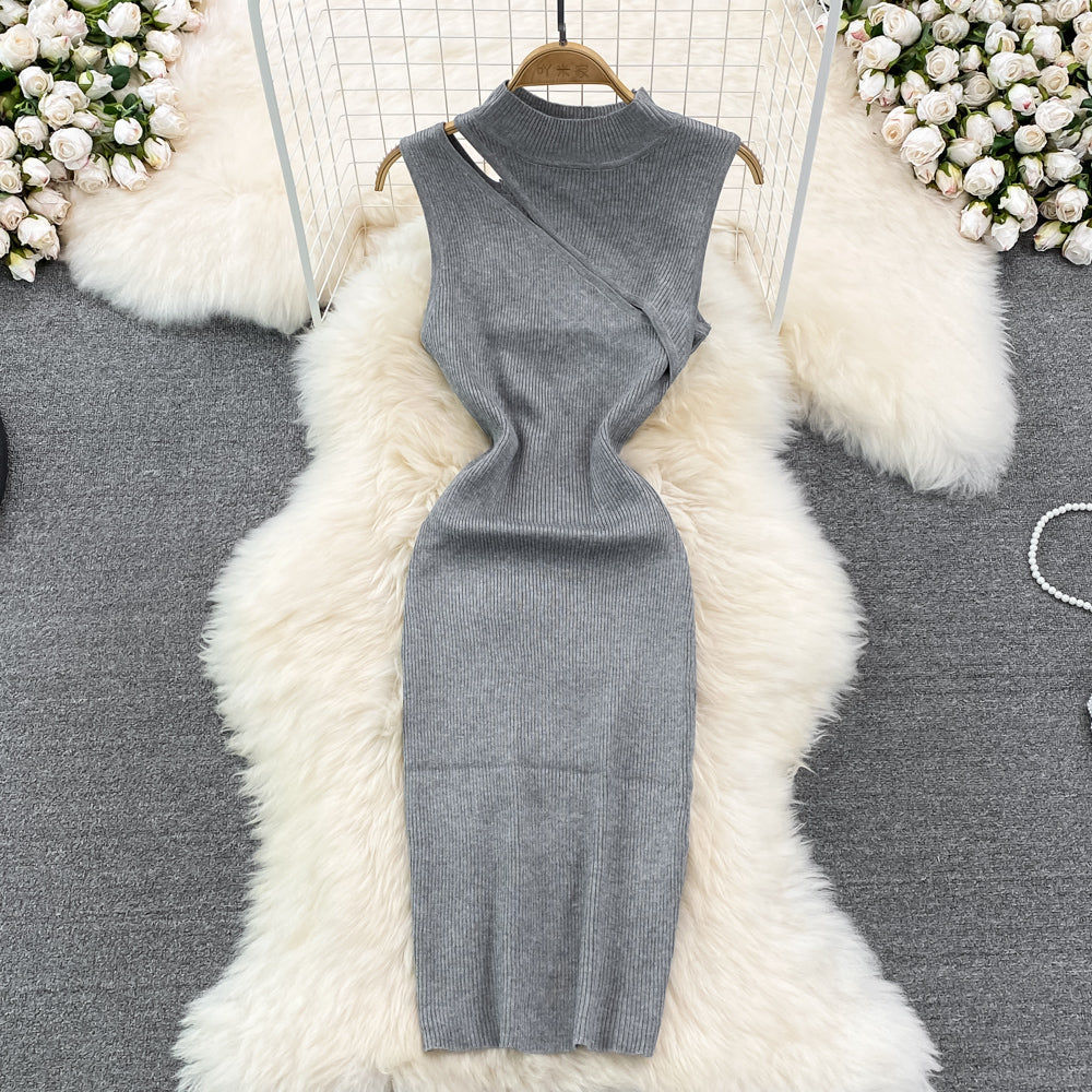 2023 Sexy Stand Collar Off Shoulder Slim Sleeveless Knitted Dress 284