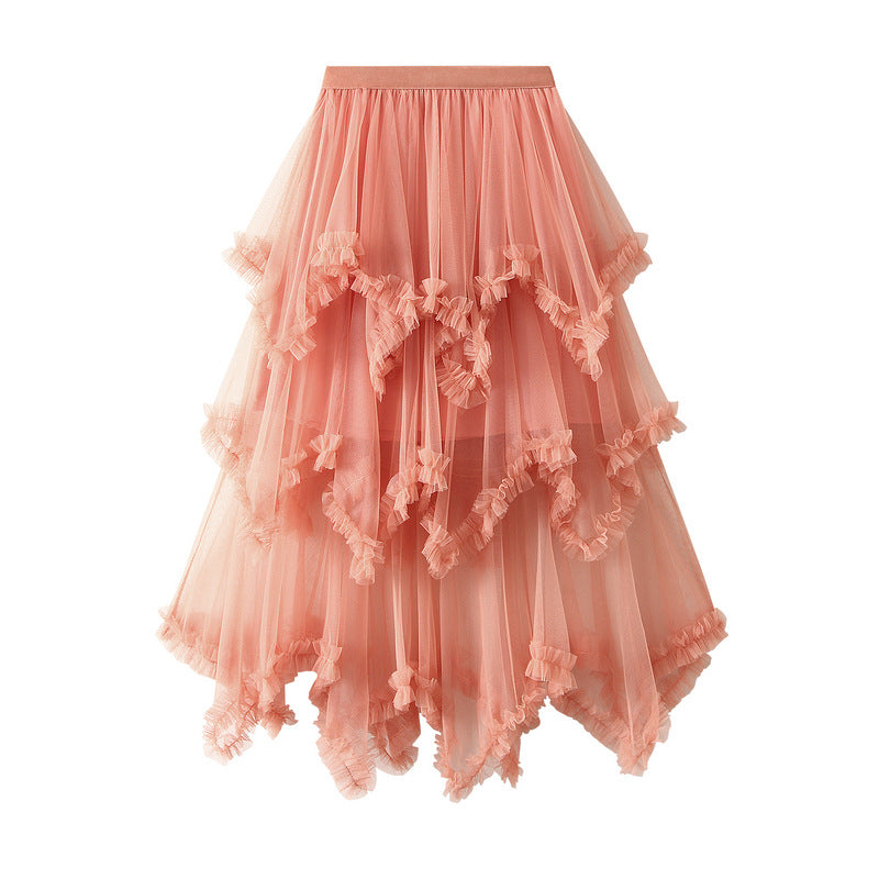 Irregular Mesh Cake Skirt Mid-length High Waist Fluffy Fairy Skirt 749