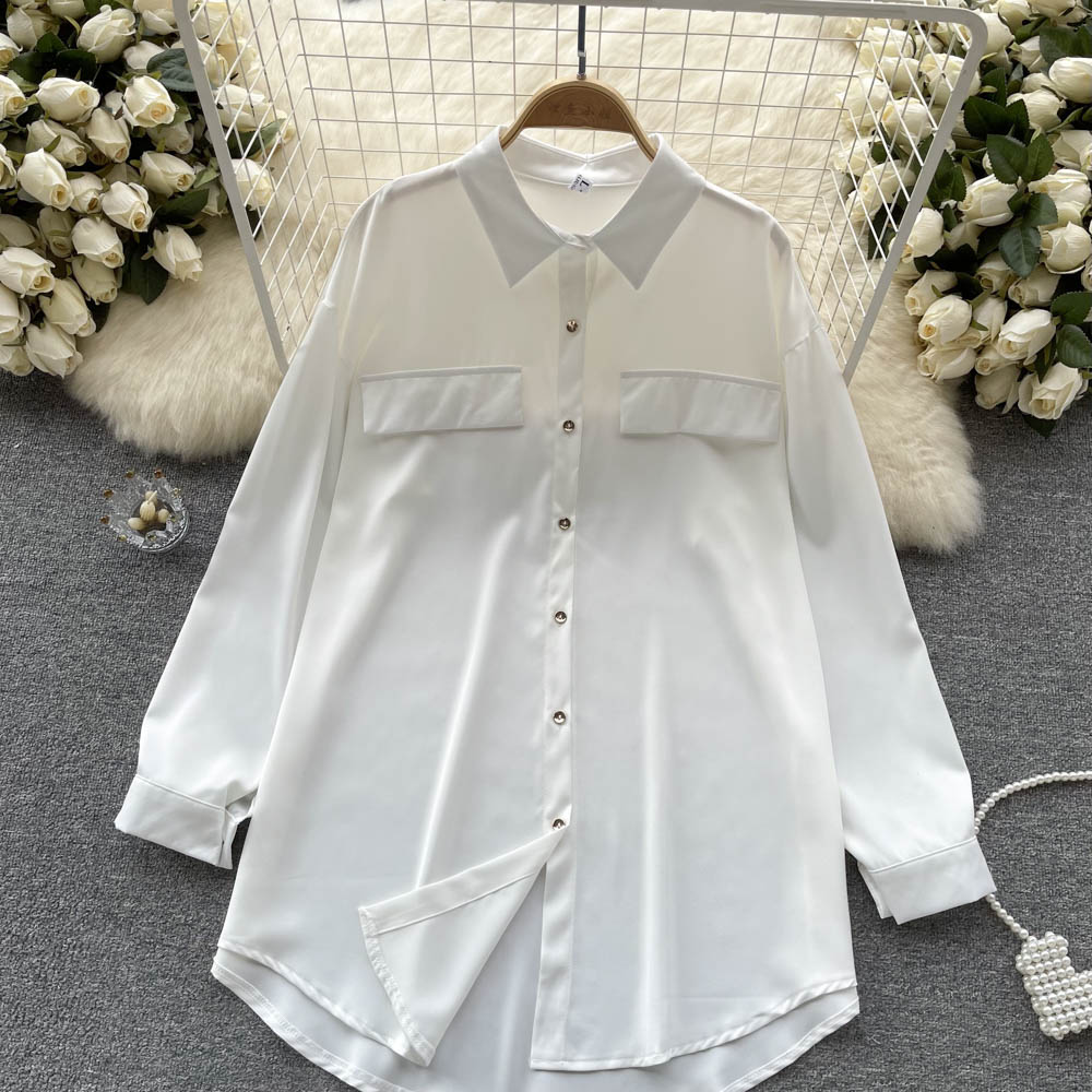 Satin Shirt Women's Loose Chain Mid-length Ruffled Shirt Skirt 485