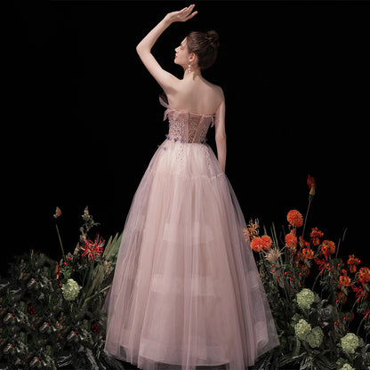 Pink Strapless A Line Tulle Prom Dress Beading Long Formal Evening Gown 295
