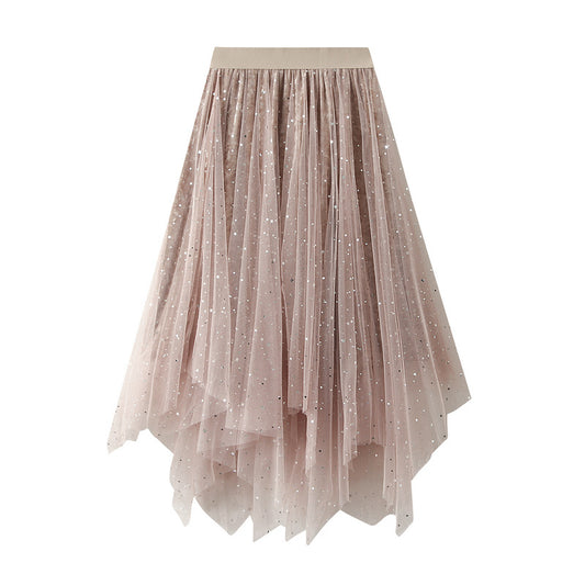 Puffy Sparkling Mesh Skirt Irregular Mid Length Skirt 772