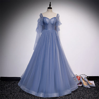 Blue A Line Tulle Prom Dress Long Sleeves Formal Evening Gown 215