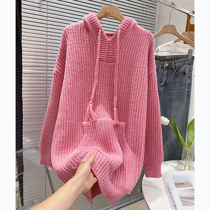 Women's Hooded Thick Sweater Autumn and Winter Loose Lazy Mid-length Knitted Sweater 725