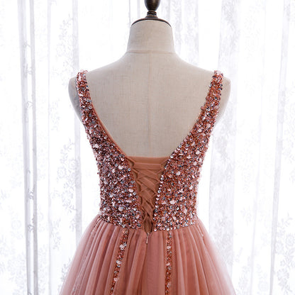 V Neck Sequins A Line Long Prom Dress Pink Tulle Prom Dress with Slit 509