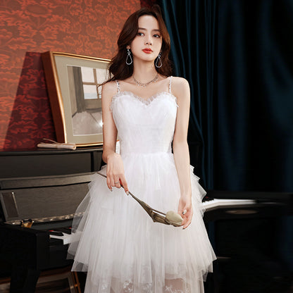 Spaghetti Strap White Tulle Prom Dress Lace layer Wedding Dress 319