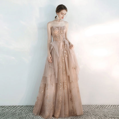 Champagne Pink Tulle Prom Dress Strapless Long Evening Dress Formal Party Dress 128