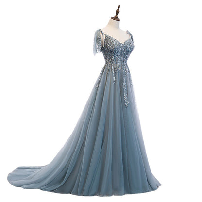 V Neck Blue A Line Tulle Prom Dress Formal Evening Gown 210