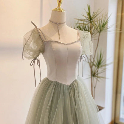 Cute Soft Green Long Prom Dress A Line Short Sleeves Evening Dress Party Gown 145