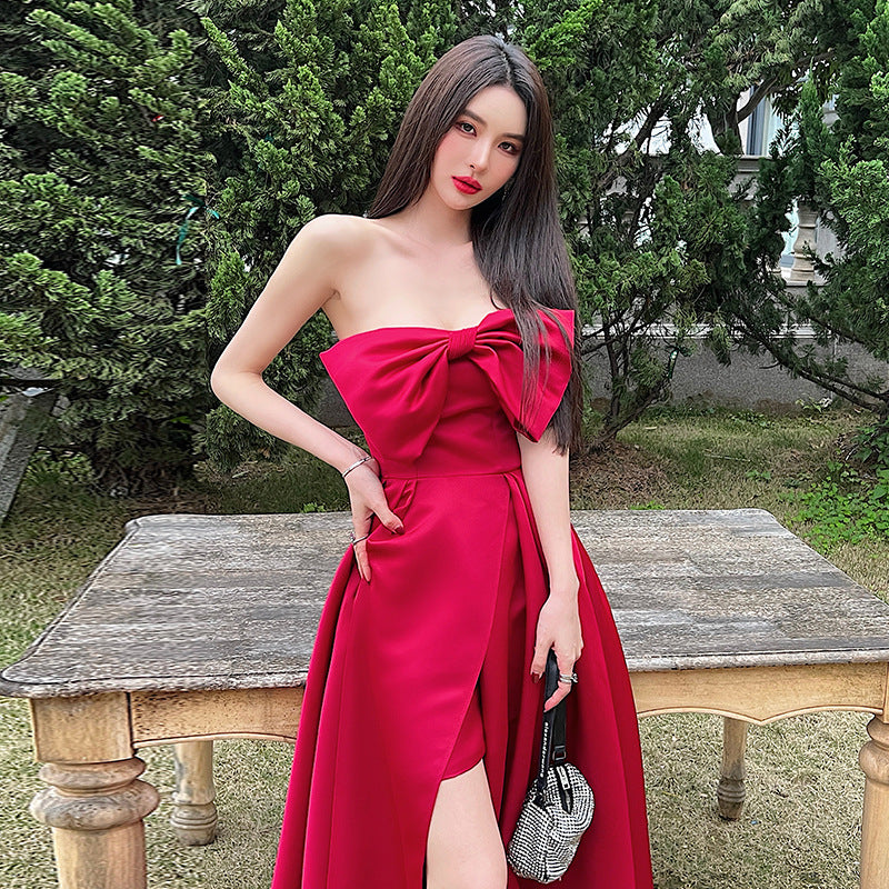 Summer Strapless Red Dress Bow Knot Dress  with Slit 819